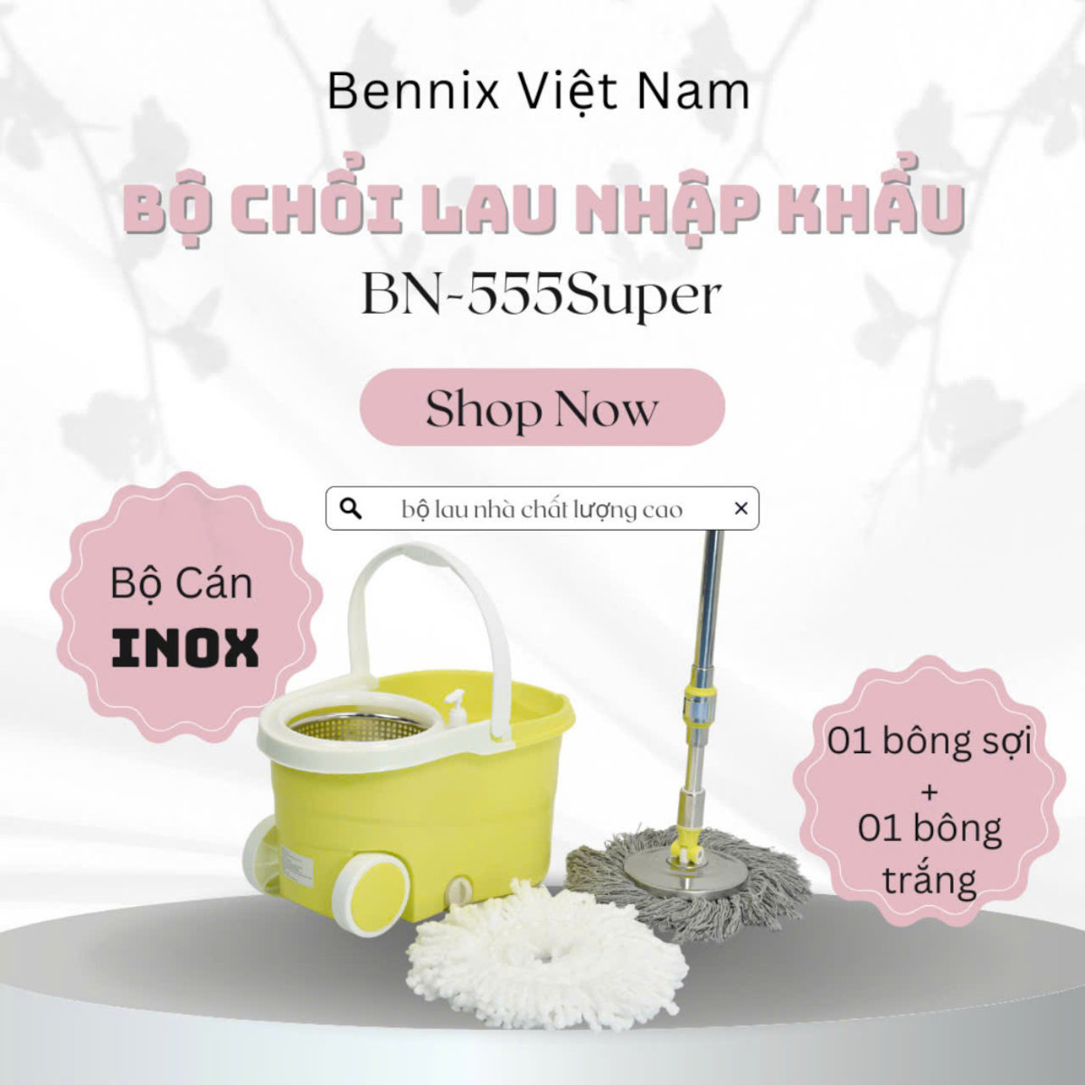 Bộ lau nhà cán Inox 304 Bennix Thái Lan BN-555WA xoay 360 có bánh xe lớn, bảo hành 12 tháng