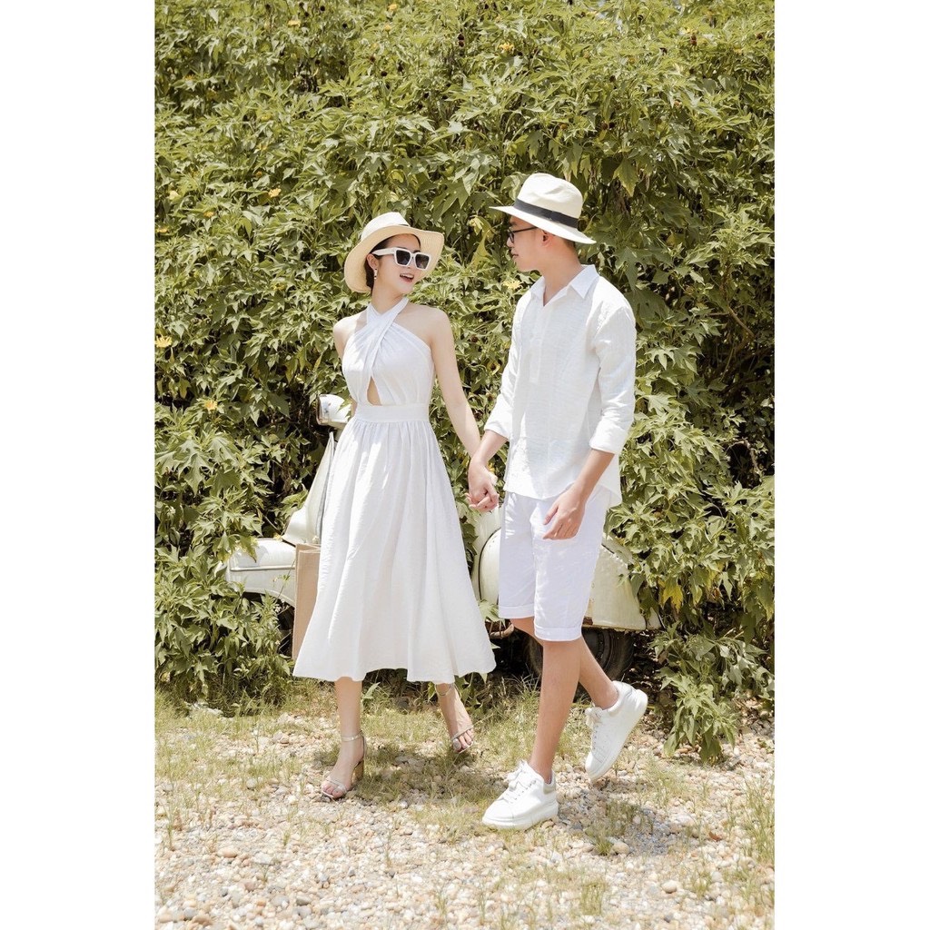 Set Áo váy đôi sơ mi CoupleTina cổ đắp chéo màu trắng lôi cuốn