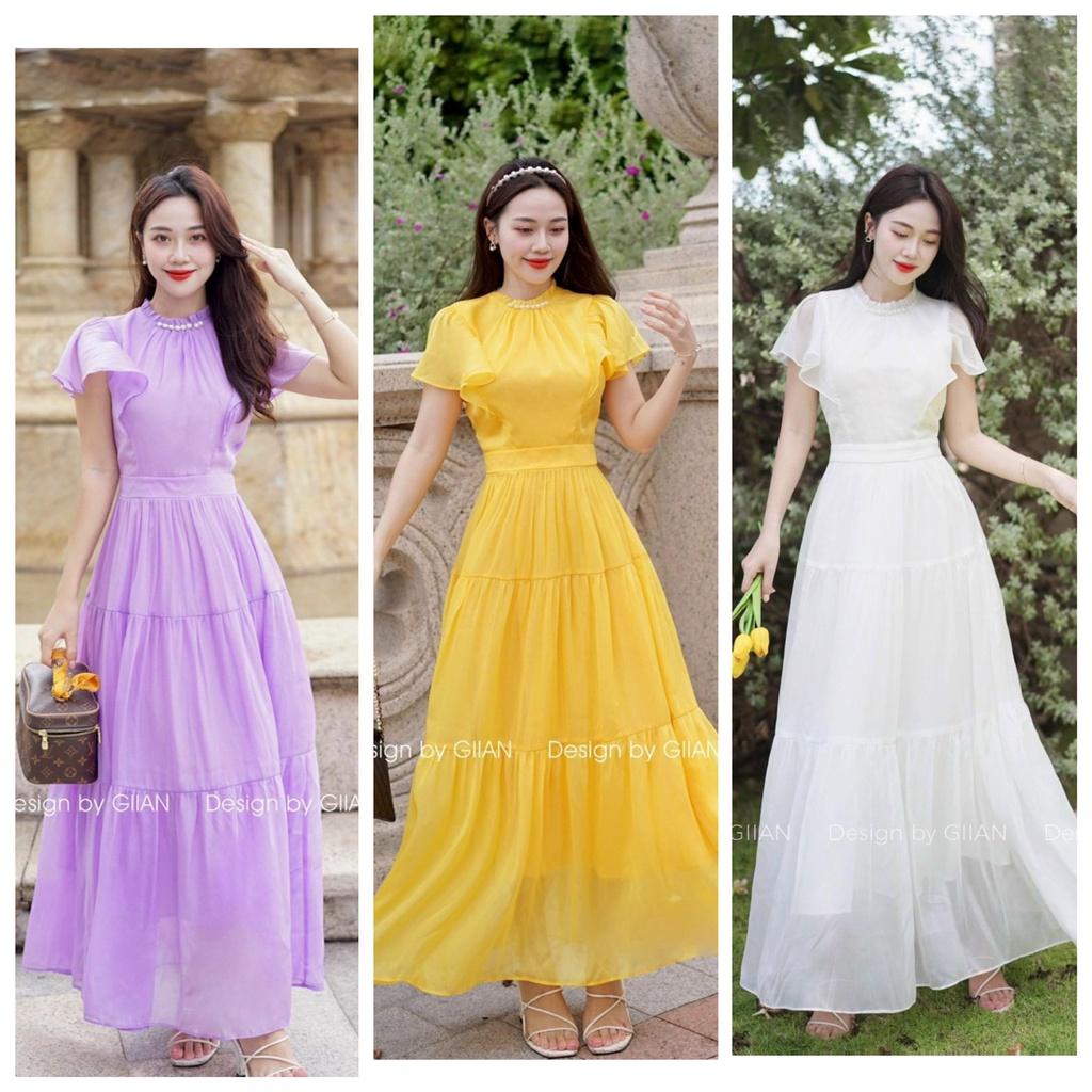 Đầm maxi voan 2 lớp cổ tròn đính cườm tay bèo xinh xắn