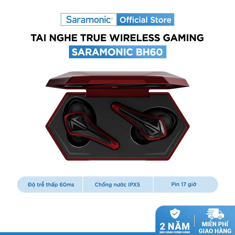 Tai Nghe Gaming True Wirelss Saramonic BH60 - Chơi Game/ Độ Trễ Thấp/ Kết nối Bluetooth 5.0 - Thời Lượng Sử Dụng Lên Đến 24 giờ/ Gọi 3 tiếng - Hàng Chính Hãng