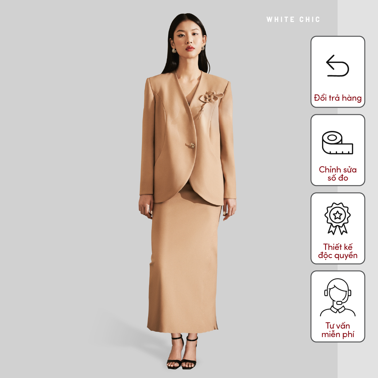 Áo blazer nữ vạt buông tròn đính kèm hoa cài thủ công  OLIVE thiết kế cao cấp WHITE CHIC