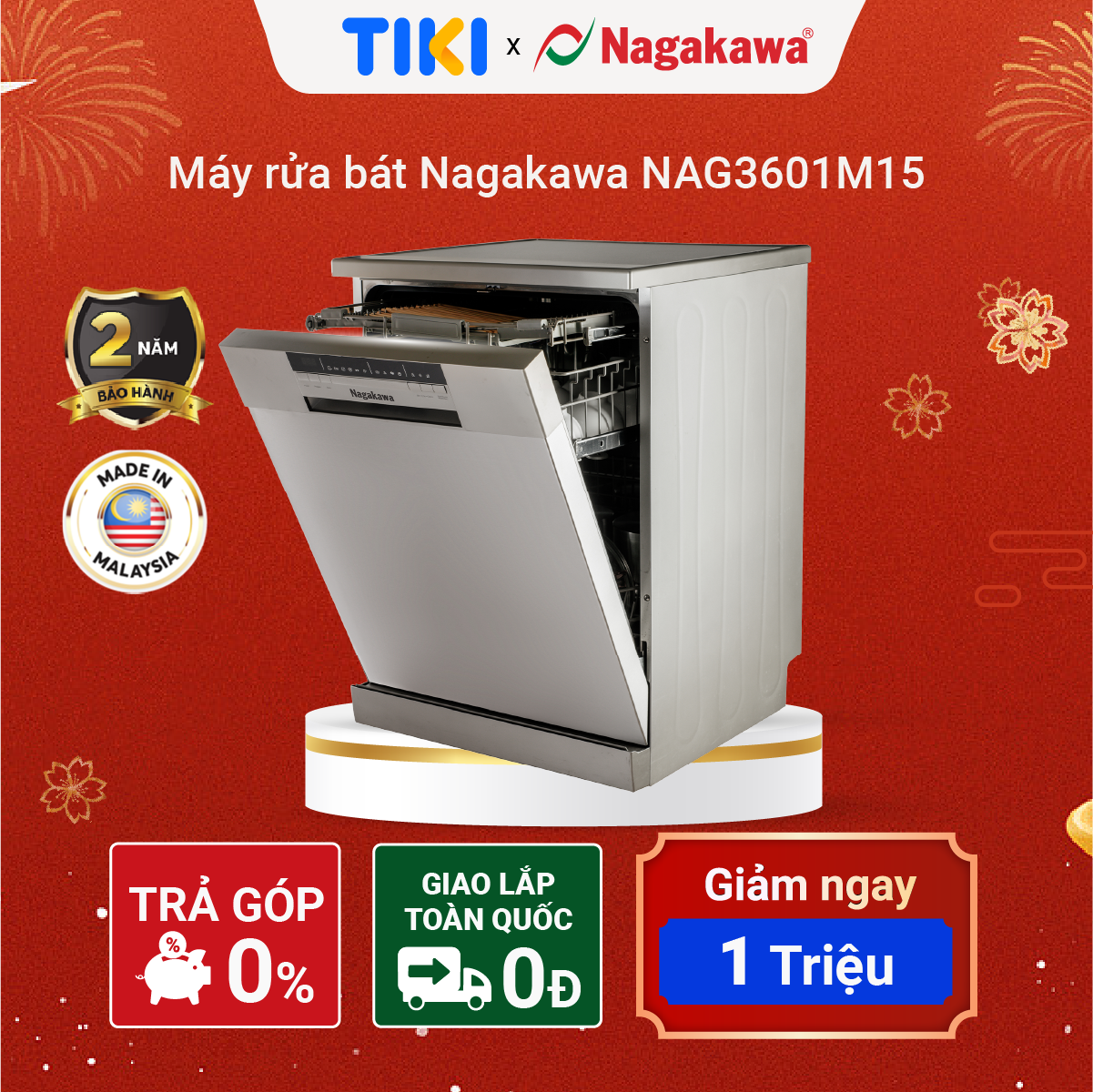 Máy rửa bát 15 bộ cao cấp Nagakawa NAG3601M15 - Made in Malaysia - Hàng chính hãng