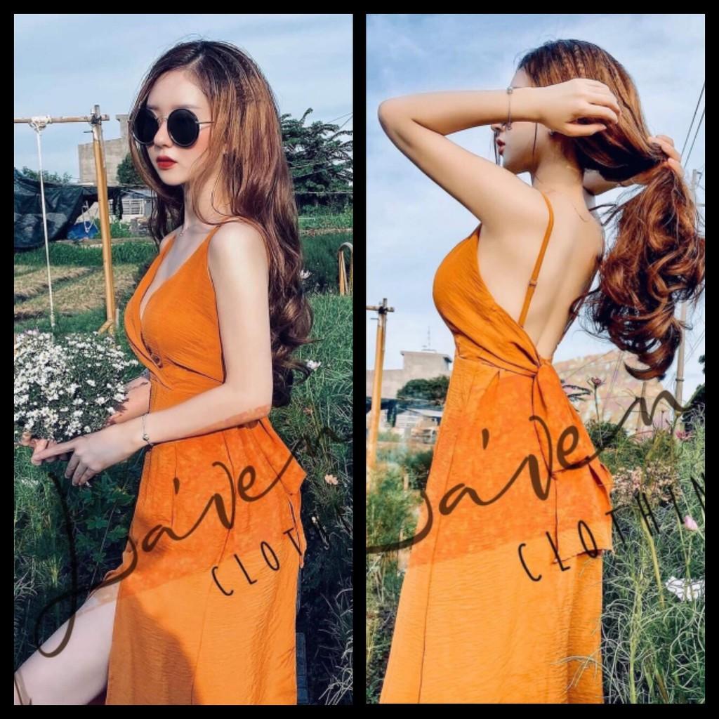 Đầm maxi 2s xẻ tà cột nơ lưng kèm mút