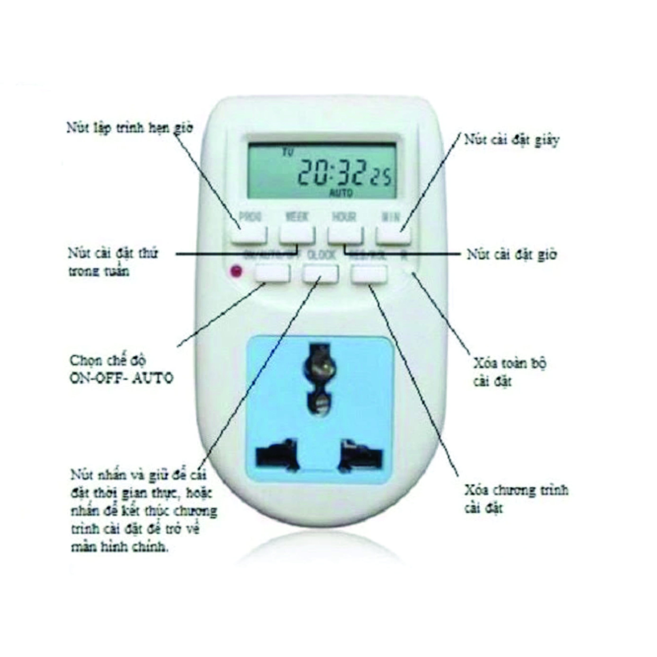Ổ cắm hẹn giờ lập trình điện tử AL-06 220v -10A có pin nuôi cài 1 lần dùng mãi mãi (Trắng phối xanh)công tắc hẹn giờ, ổ cắm
