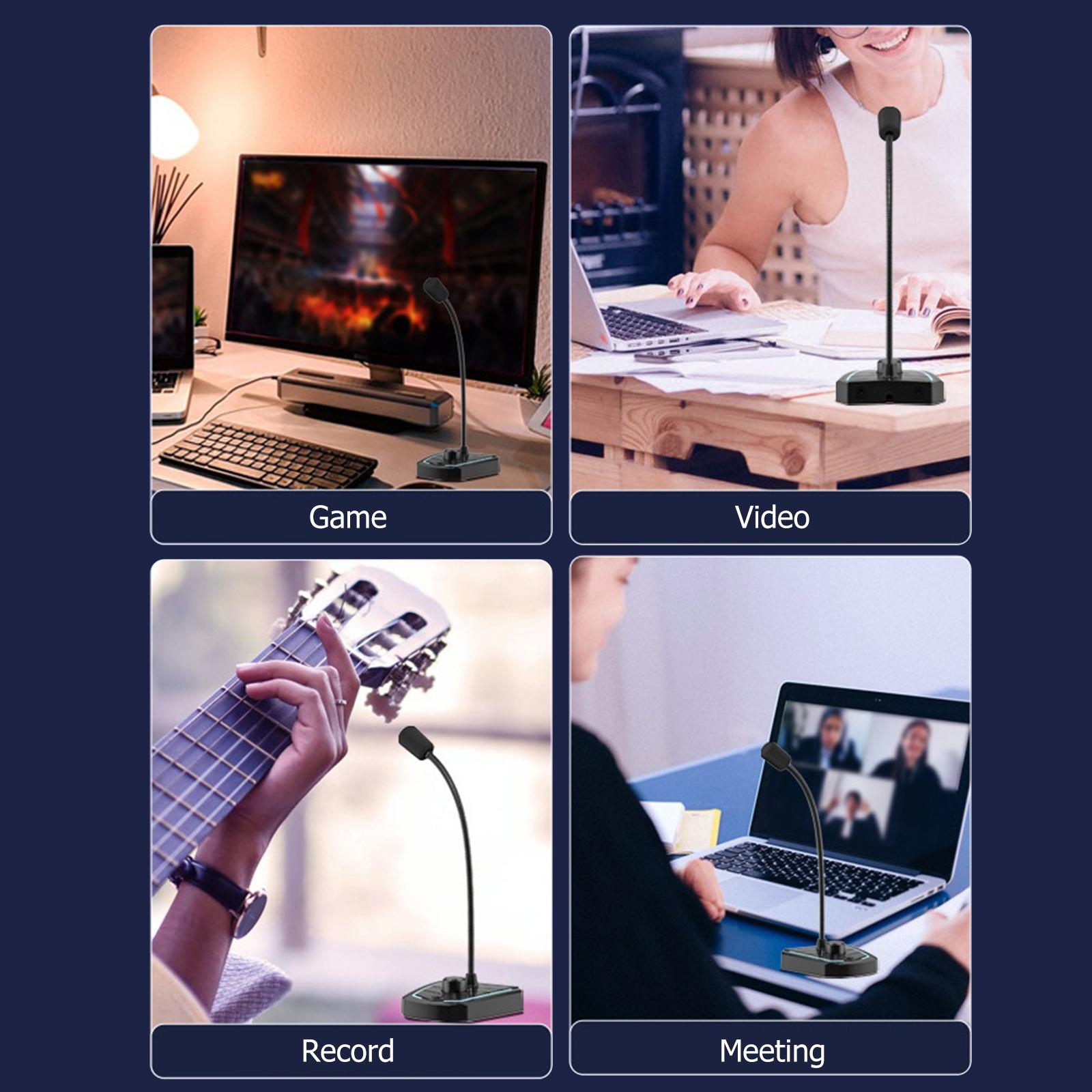 USB Desk Microphone Plug & Play 360 Degree Omnidirectional Microphone with Built-in LED Light Desktop Condenser Mic