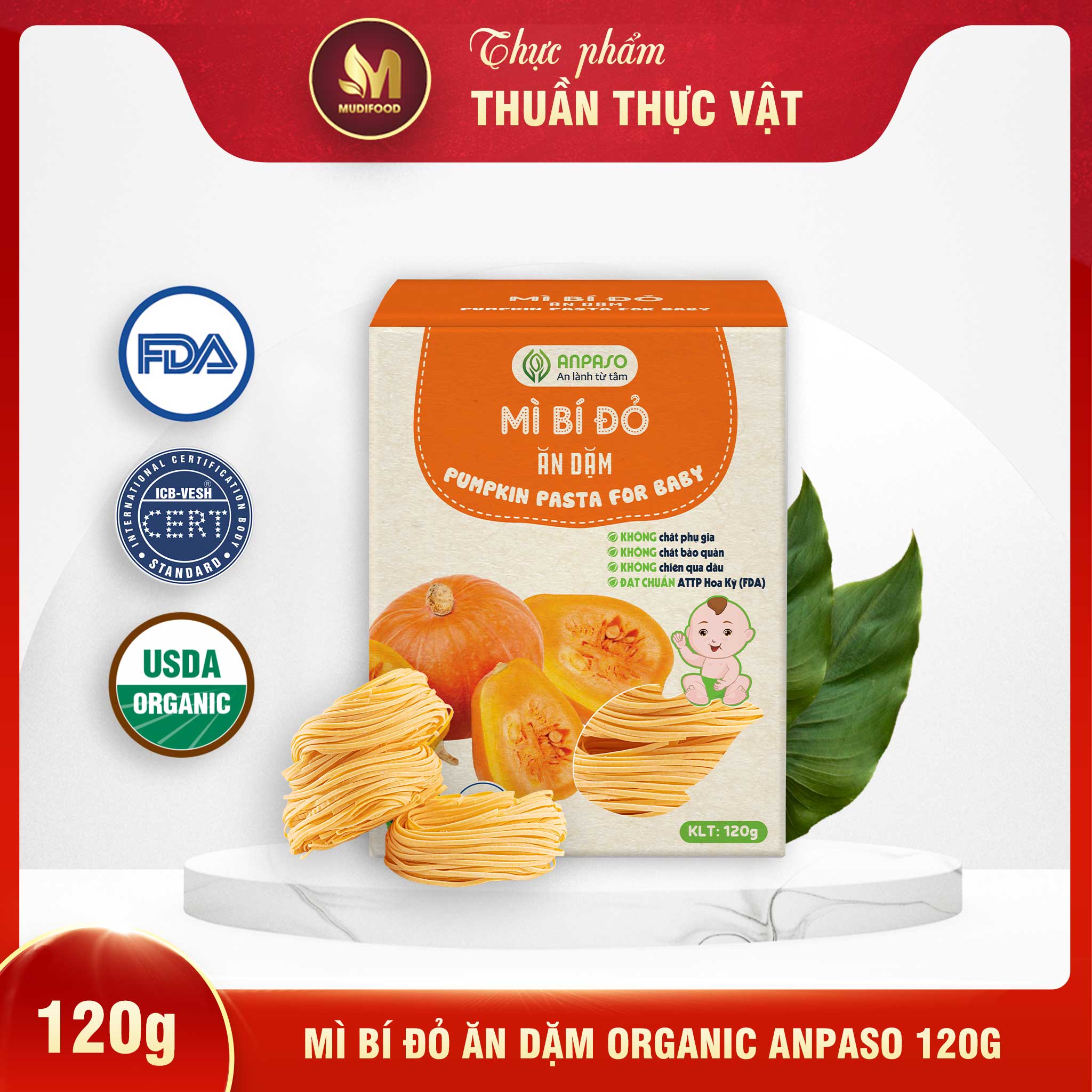 Mì Rau Củ Bí Đỏ Ăn Dặm Organic Anpaso Cho Bé Từ 6 Tháng Tuổi 120g/ 300g - Bổ Sung Chất Xơ, Giàu Sắt và Các Vitamin C, Nhóm B, A, Cải Thiện Hệ Tiêu Hóa, Tốt Cho Sức Khỏe Của Bé