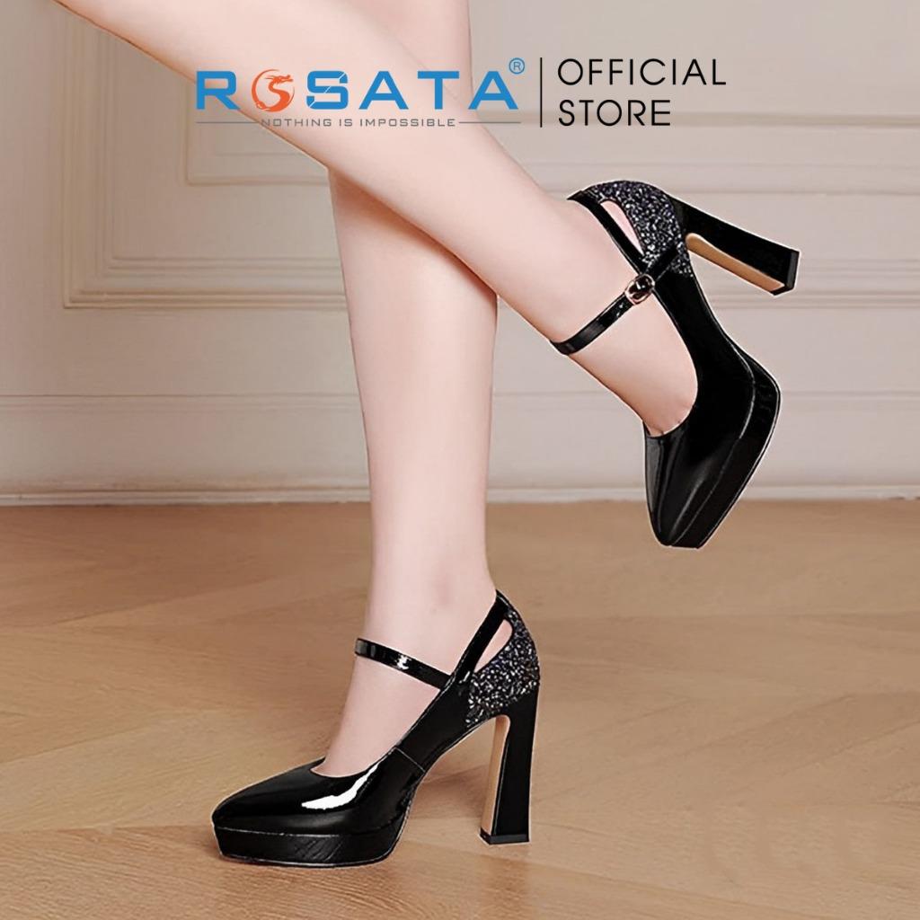 Giày cao gót nữ ROSATA RO377 da trơn mũi nhọn quai cài hậu kim tuyến gót cao 9cm xuất xứ Việt Nam