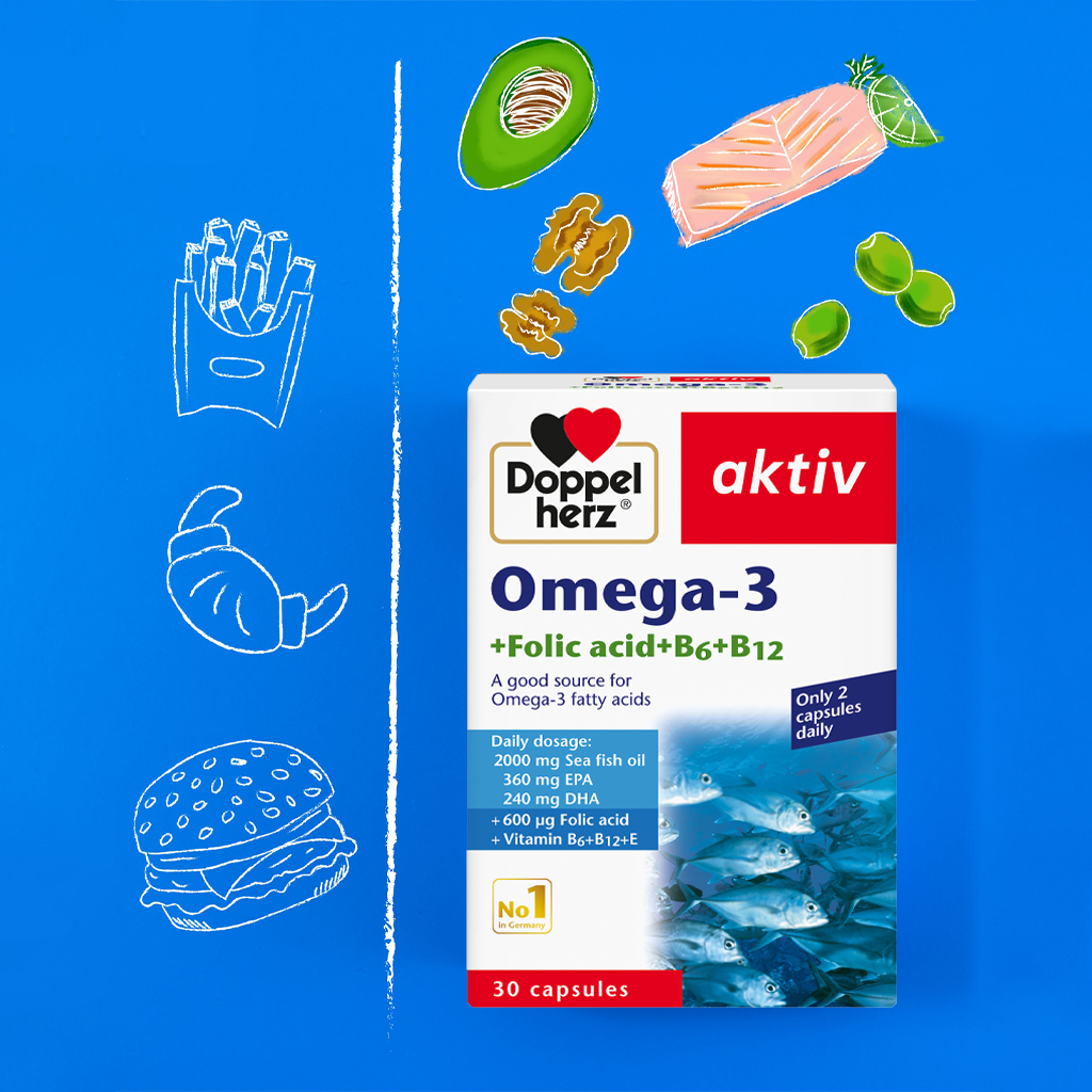 Viên uống tăng cường thị lực, tim mạch và não bộ Doppelherz Aktiv Omega-3 + Folic acid + B6 + B12
