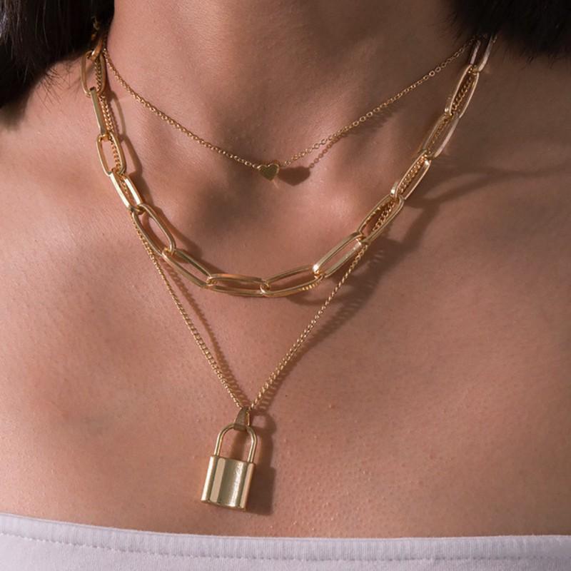 Dây chuyền ba lớp mặt dây hình ổ khóa và trái tim hợp thời trang cho nữ