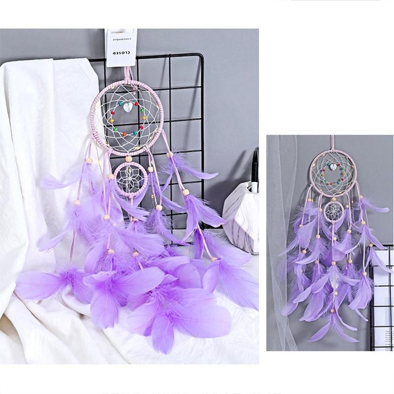 Vòng Dreamcatcher Lông Vũ Có Đèn LED Treo Tường Trang Trí Phòng Ngủ Tặng Kèm Móc Dán Tường