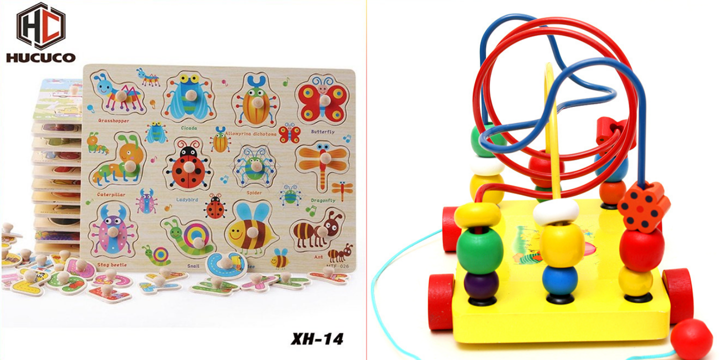 Combo 2 bộ đồ chơi: Bảng côn trùng có núm + Xe luồn hạt - hàng chính hãng