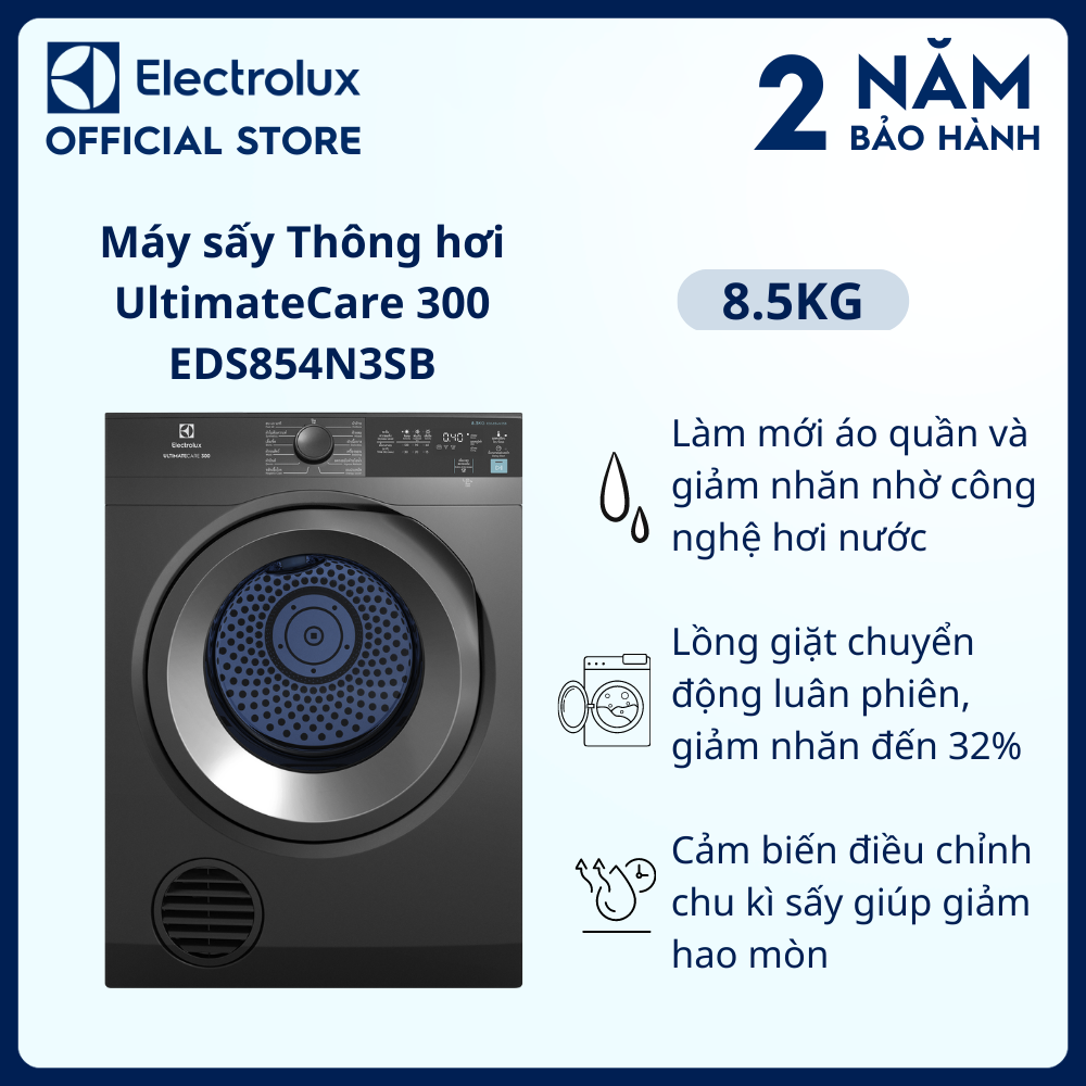 [Miễn phí giao hàng toàn quốc] Máy sấy thông hơi Electrolux 8.5kg UltimateCare 300 - EDS854N3SB - Làm mới áo quần bằng hơi nước và giảm nhăn, lồng giặt chuyển động luân phiên, tính năng khóa trẻ em [Hàng chính hãng]