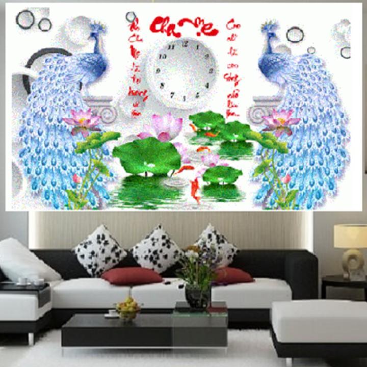 Tranh đá cha mẹ công đồng hồ hoa sen VS214 - kích thước: 90 * 55cm.