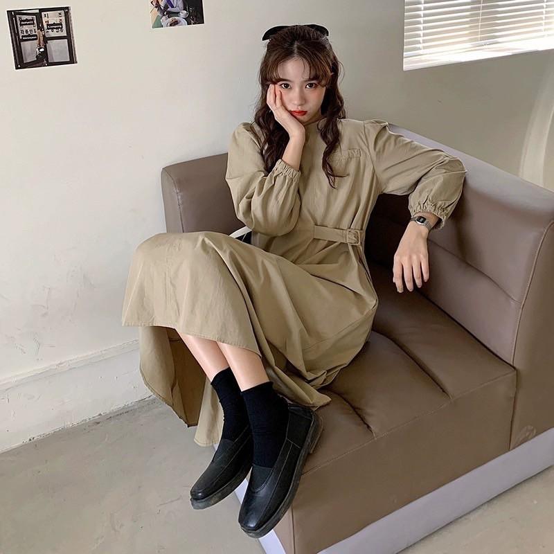 Đầm ulzzang dáng dài thắt đai eo