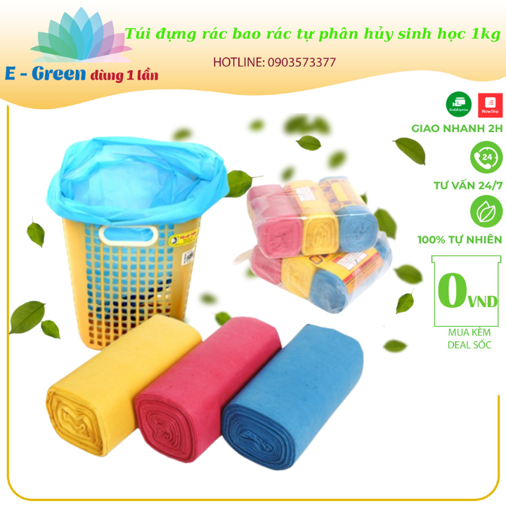 Túi đựng rác, bao rác tự phân hủy sinh học loại tốt tiện lợi, tiết kiệm -rác màu ,rác đen 1kg - E Green Dùng 1 Lần