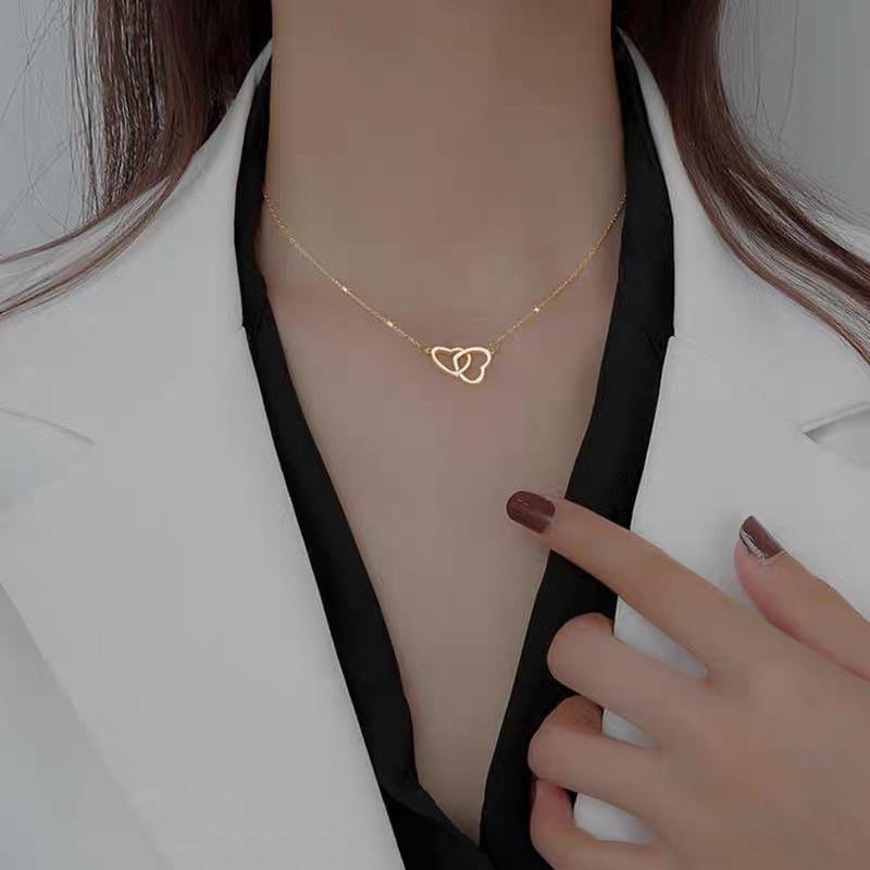 Dây Chuyền Nữ Titan Không Gỉ 2 Trái Tim Lồng Nhau Sáng Đẹp