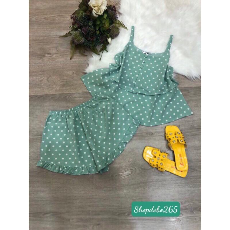 Bộ ngủ 2 dây,đồ bộ nữ,đồ ngủ,đồ bộ mặc nhà đùi 2 dây tầng vải lụa họa tiết chấm bi