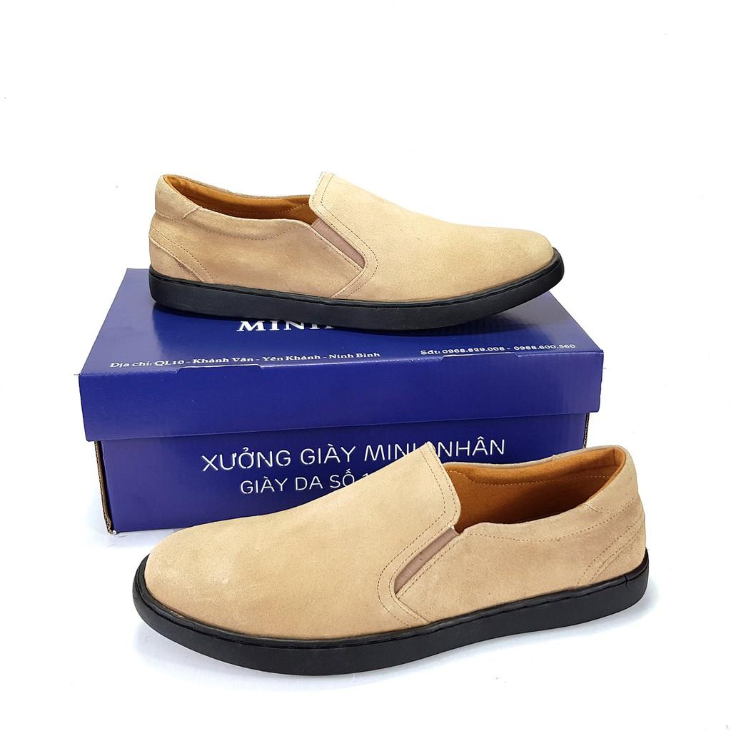 Giày lười giày nam da bò BẢO HÀNH 1 NĂM Giày da lộn nguyên tấm Giày Slip on da bò đế bệt S-22 màu đen và xám