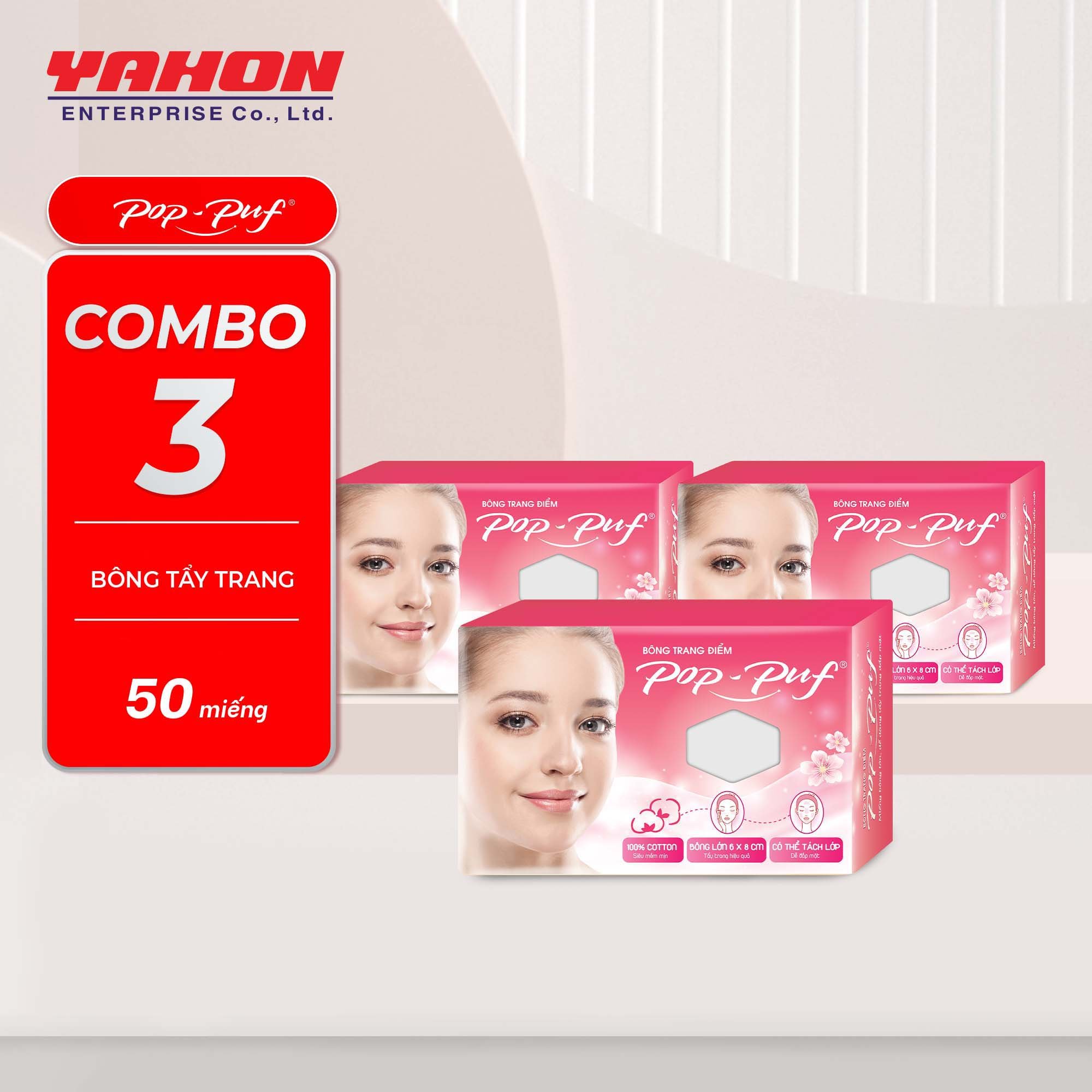 Combo 3 Hộp Bông Tẩy Trang POP-PUF 6*8cm, 50 Miếng/Hộp