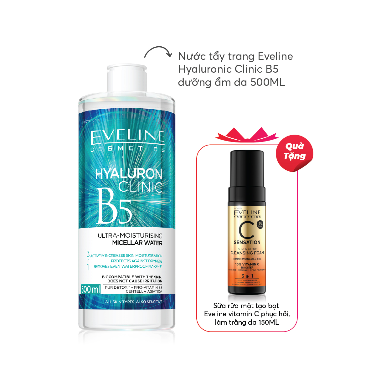 Nước tẩy trang Eveline Hyaluron Clinic B5 và tinh chất rau má 3 in 1 500ML