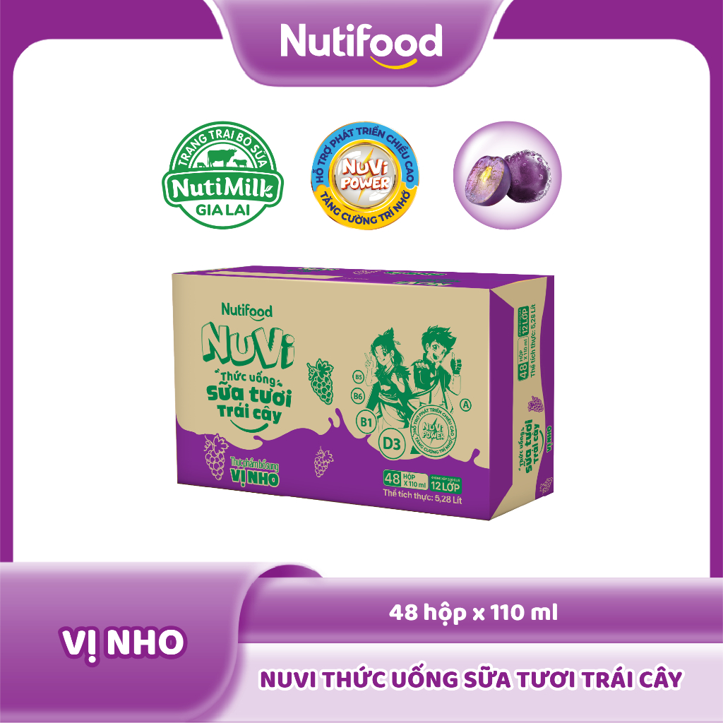 Thùng 48 hộp Thức Uống Sữa Tươi Trái Cây Tươi Nuvi Vị Nho 110ml - Tăng Cường Chiều Cao, Phát Triển Trí Não