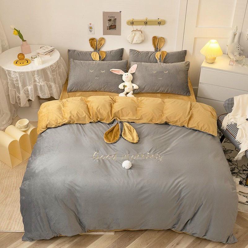 Bộ Chăn Ga Gối Nỉ Nhung HIN BEDDING, Bộ Chăn Ga Gối Nỉ Tai Thỏ Đáng Yêu Mềm Mịn Cao Cấp
