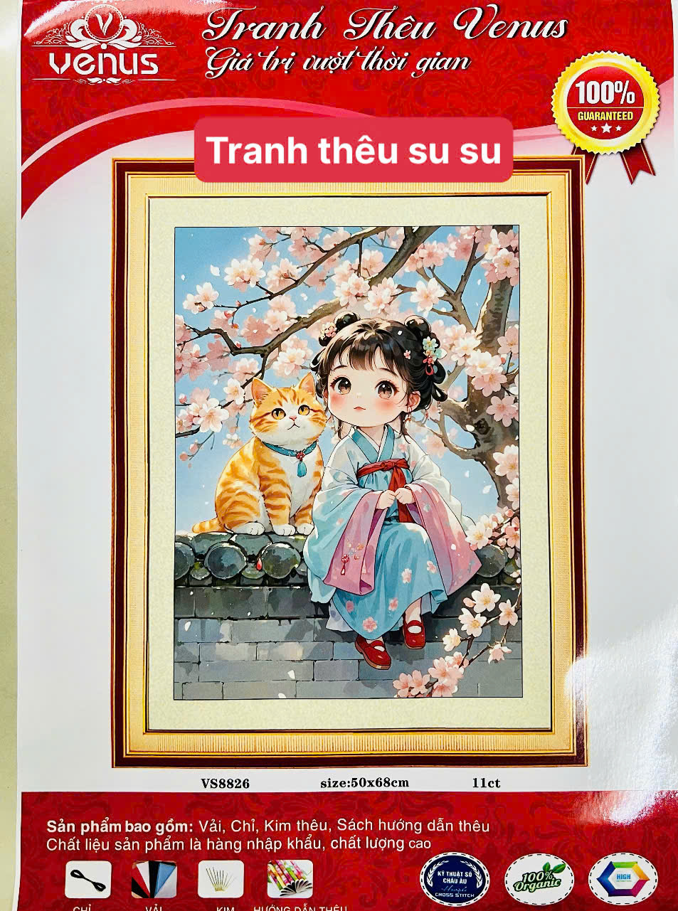 Tranh thêu kín cô gái cùng mèo con vs8826, kt 50 x 68 cm