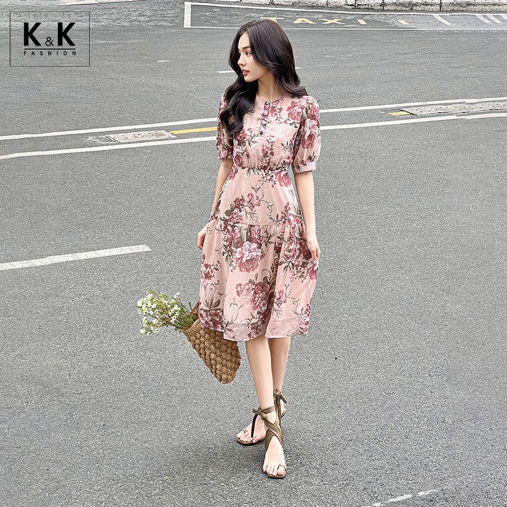 Đầm Xòe Nhấn Eo Họa Tiết Hoa Tay Lỡ K&amp;K Fashion KK120-25 Chất Liệu Voan Hàn