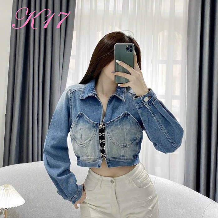 Áo khoác jeans nữ hàng hiệu rosata cao cấp màu xanh thời trang k17