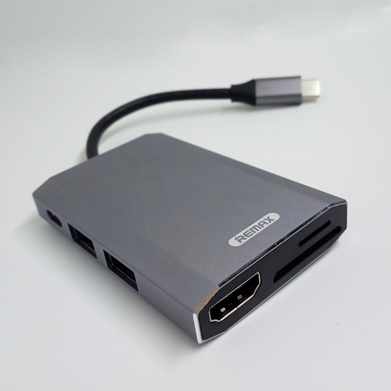 Hub chuyển đổi Remax RU-U30 6 in 1 cổng Type C ra USB 3.0 Hợp Kim Nhôm + HDMI + Đầu đọc thẻ nhớ - Hàng Chính Hãng