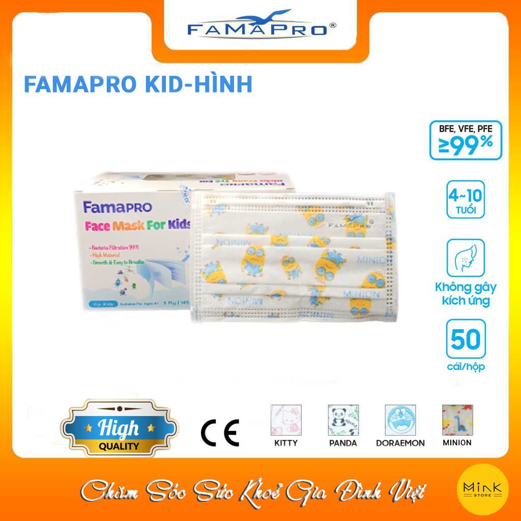 Khẩu Trang Y Tế Trẻ Em Cao Cấp Famapro Chính Hãng Nam Anh - Kháng Khuẩn 3 Lớp Hộp 50 Cái