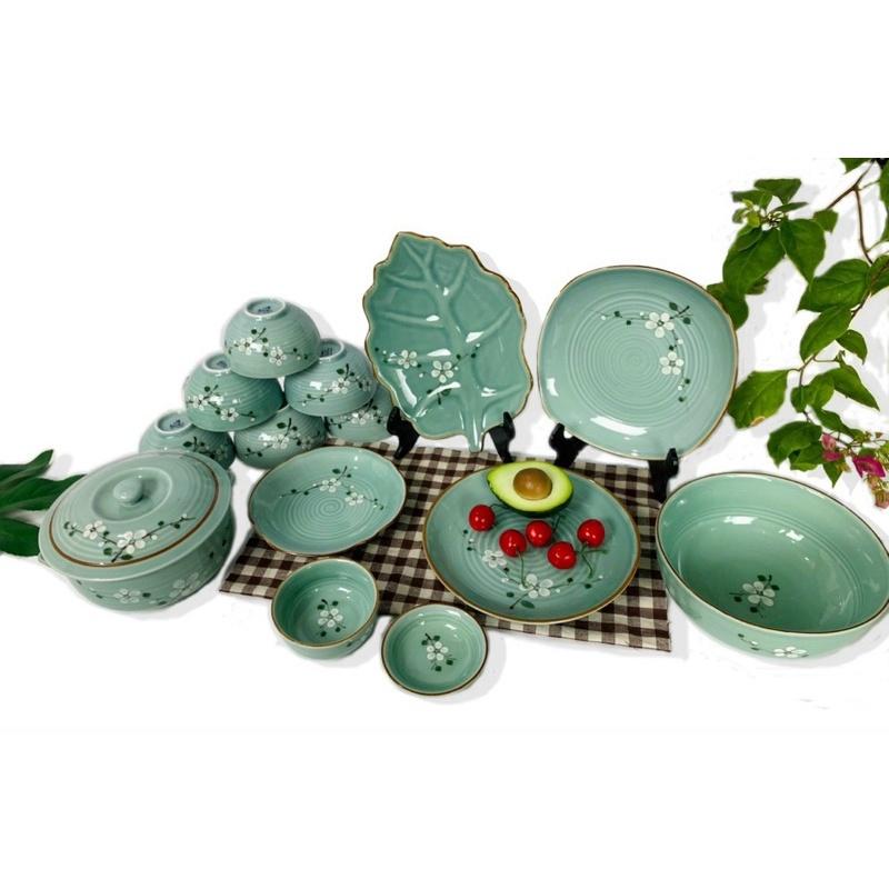 Bộ bát đĩa men ngọc. Gốm sứ Bát Tràng cao cấp.