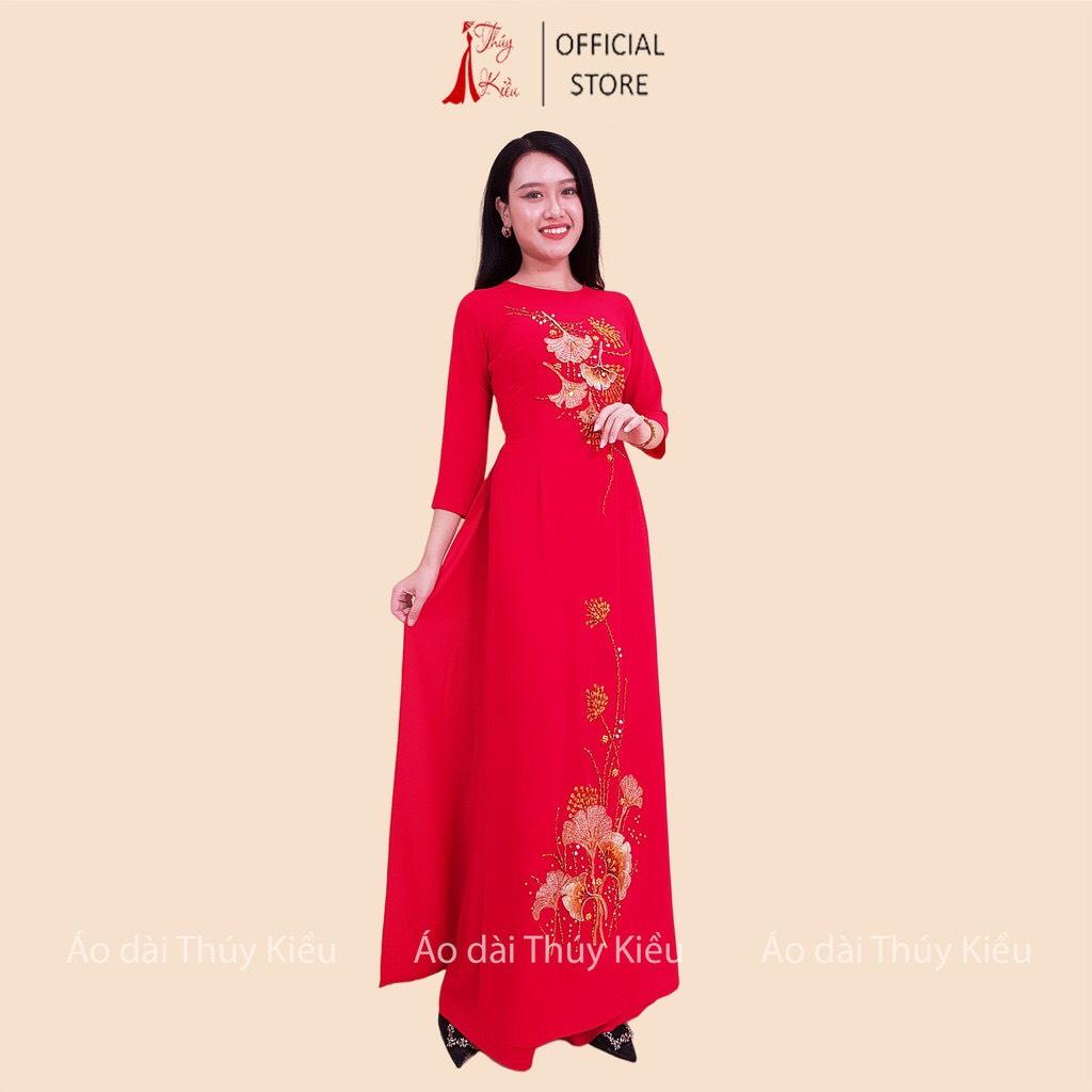 Áo dài nữ may sẵn trung niên thiết kế đẹp cách tân tết đỏ đính pha lê AM02 Thúy Kiều mềm mại, co giãn