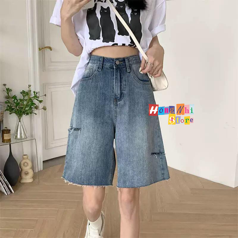 Quần Short Jean Ngố Đùi Rách Gối Cạp Cao Ống Rộng Ulzzang - MM