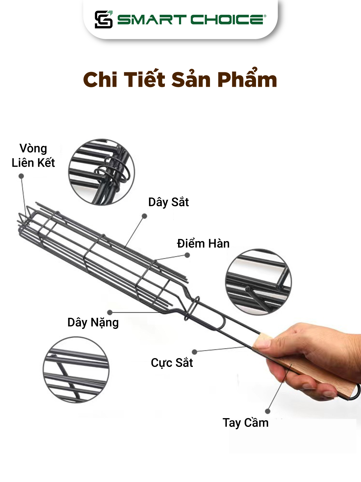 Vỉ Nướng BBQ 2 Màu SMARTCHOICE Cao Cấp Chất Liệu Sắt- Tay Cầm Bằng Gỗ Tiện Dụng SCG-PK086