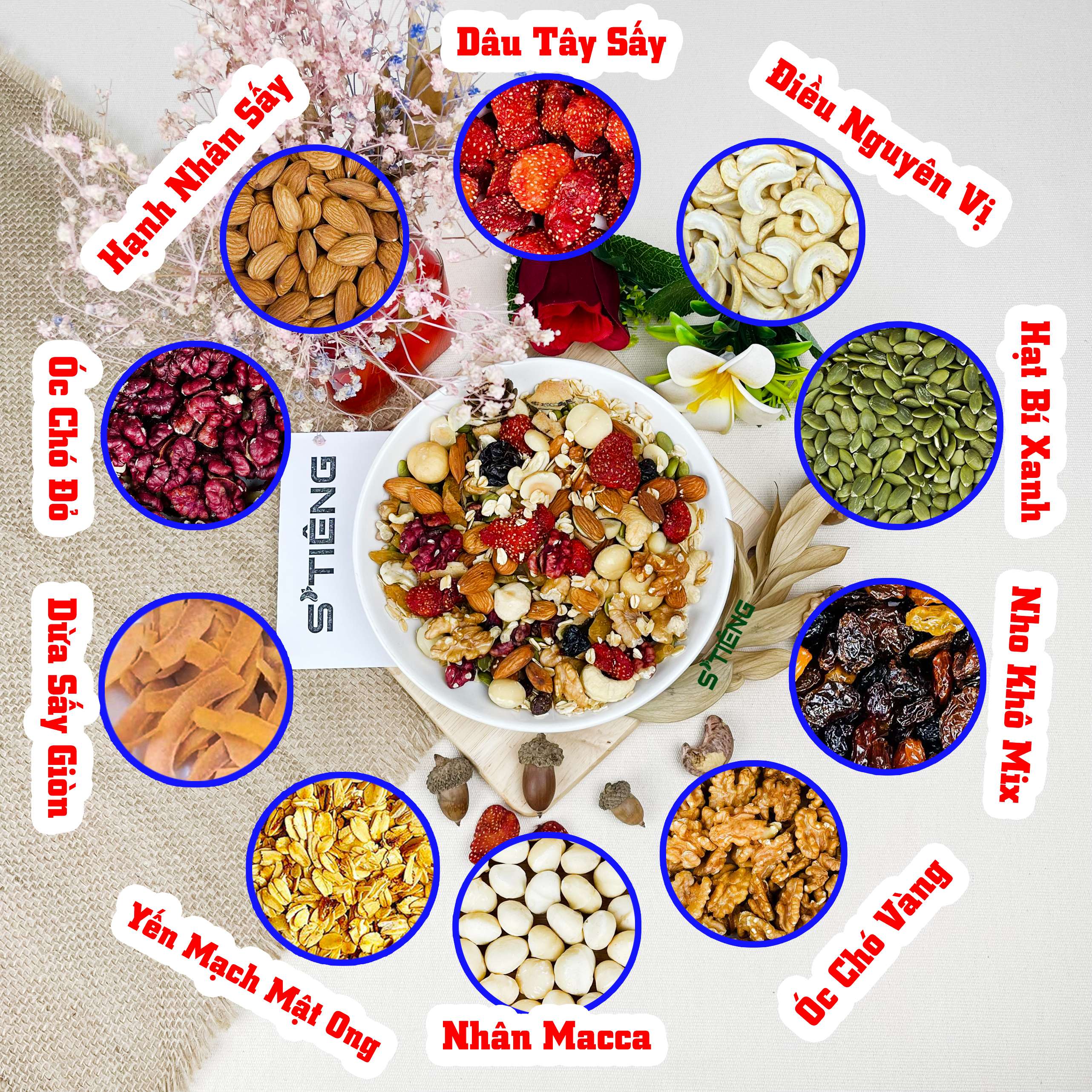 Granola Siêu Hạt & Quả Sấy STIENG, Hạt Dinh Dưỡng Ngủ Cốc Ăn Kiêng Giảm Cân, Hạt Óc Chó, Hạt Macca, Hạt Điều, Hạt Hạnh Nhân, Hạt Bí. Nho Khô