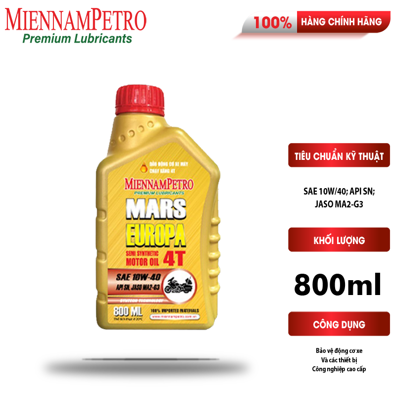 Dầu Nhớt MiennamPetro Mars Europa 4T 10W-40 API SN JASO MA2 800ml Bảo Vệ Động Cơ Xe Máy 4 Thì Và Tiết Kiệm Nhiên Liệu