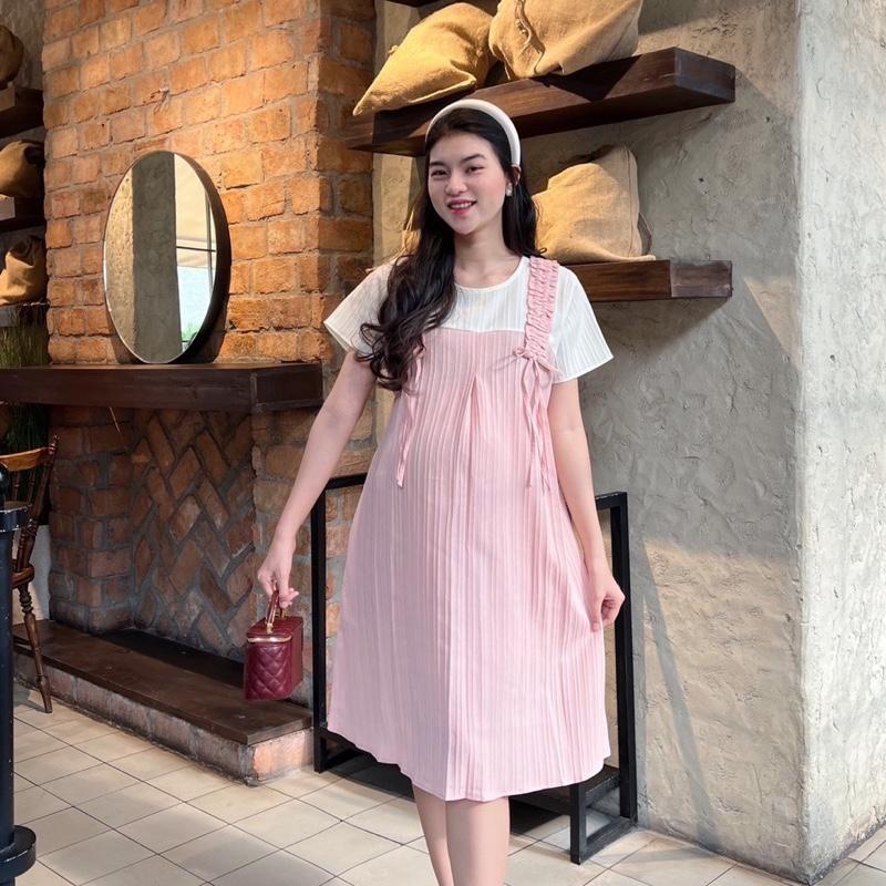 Đầm bầu mùa hè Yếm xinh xắn dễ thương chất xốp Hàn mặc đi làm đi chơi - Hồng