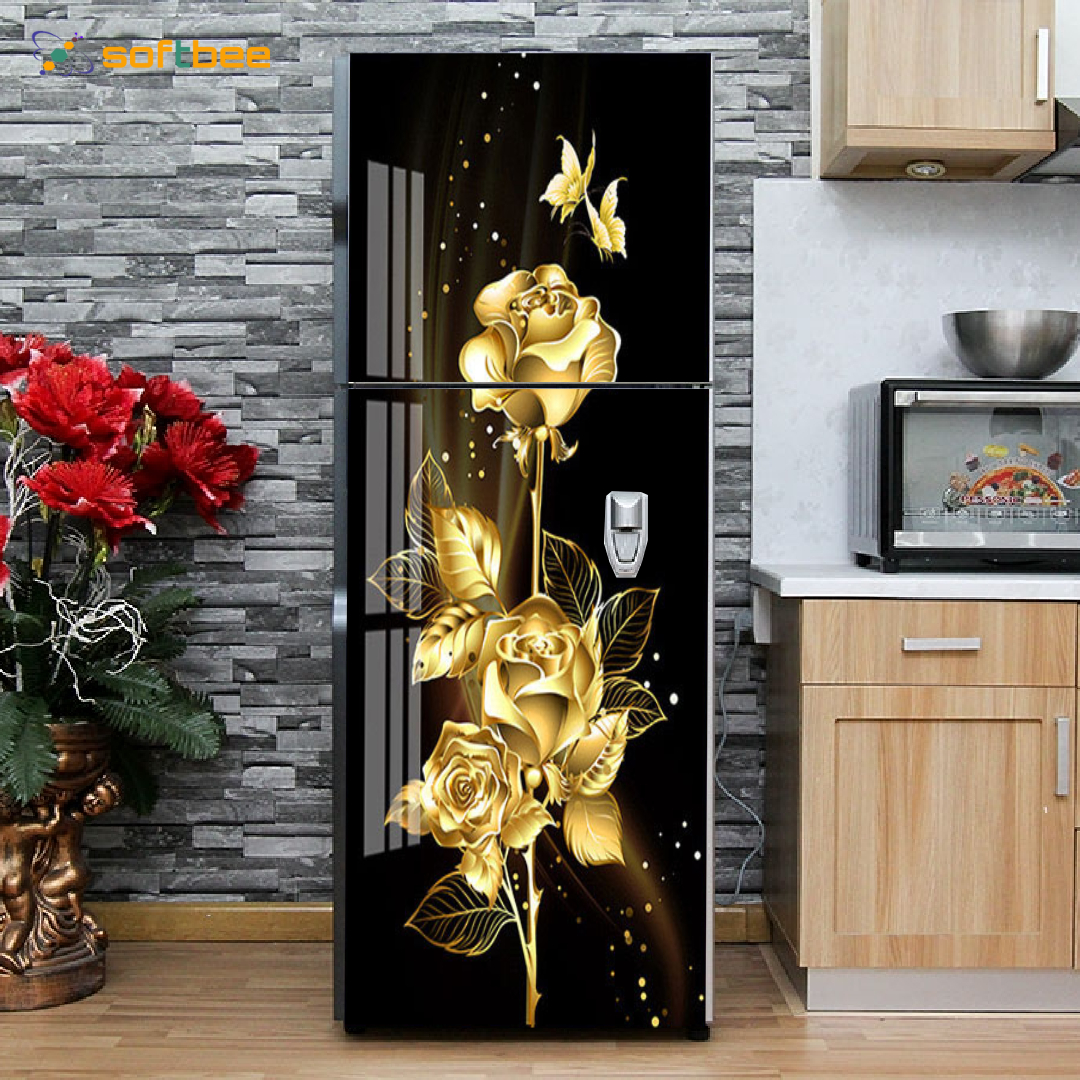 Decal dán tủ lạnh, gồm 4 kích thước chọn lựa, in hình hoa hồng phông đen, chống nước, keo bám dính tốt