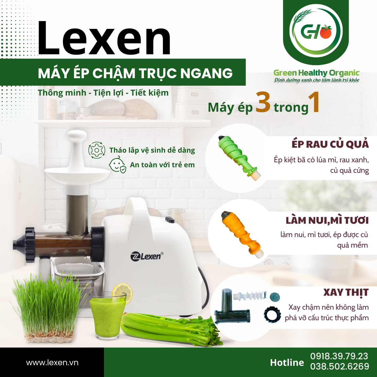 Máy ép điện cỏ lúa mì Lexen - Hàng nhập khẩu