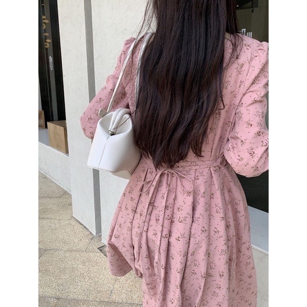 Đầm nhung hoa nhí cổ vuông vintage hàn quốc - váy babydoll nhung tiểu thư