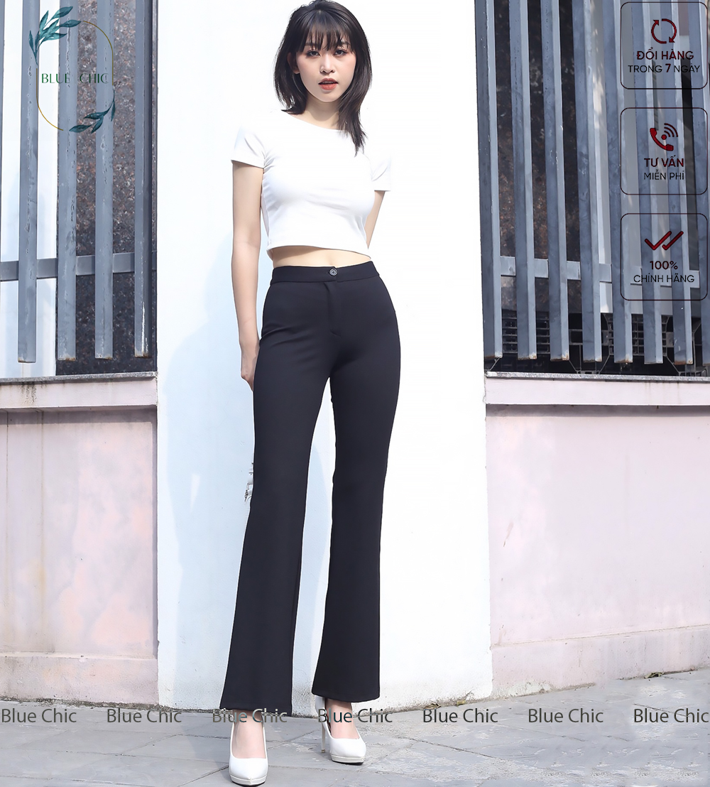 Quần ống rộng Blue Chic lưng cạp cao 1 cúc baggy vải nữ dài suông loe culottes màu đen