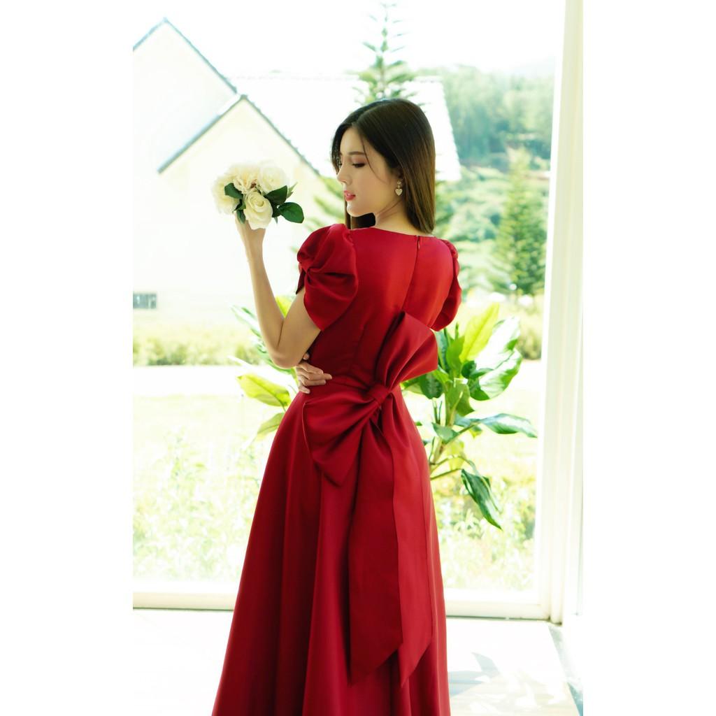 Đầm maxi dạ hội đỏ đính nơ gắn hoa
