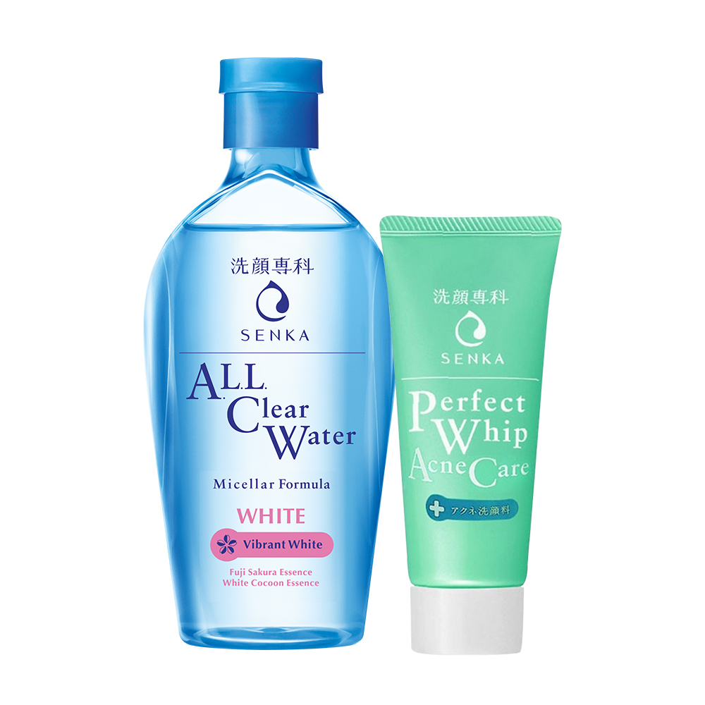 Combo Nước tẩy trang dưỡng trắng Senka All Clear Water Micellar Formula White 230ml + Sữa rửa mặt dành cho da mụn Senka Perfect Whip Acne Care 50g