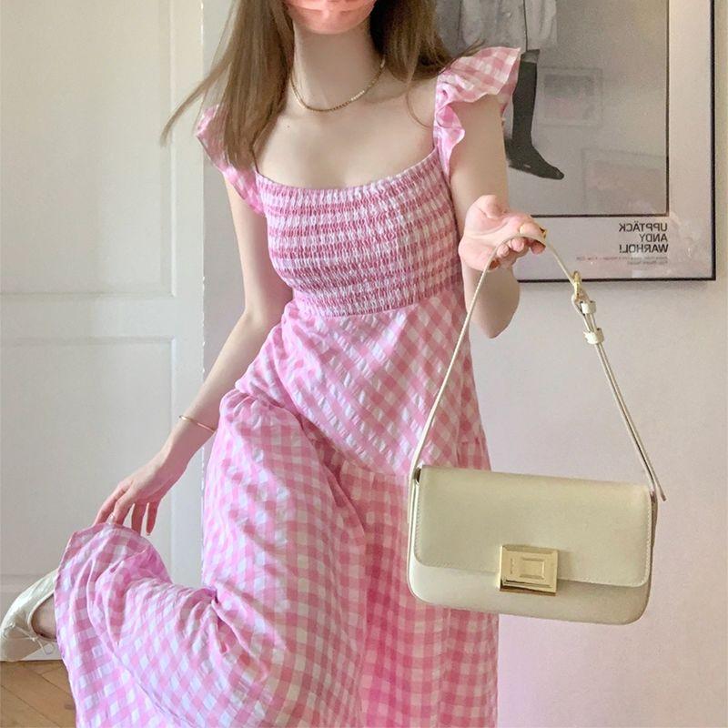 TOBE1SHOP Cao cấp bông màu hồng kẻ sọc ăn mặc cho phụ nữ Pháp retro nhỏ thiết kế cao cấp giảm tuổi váy dài dễ thương