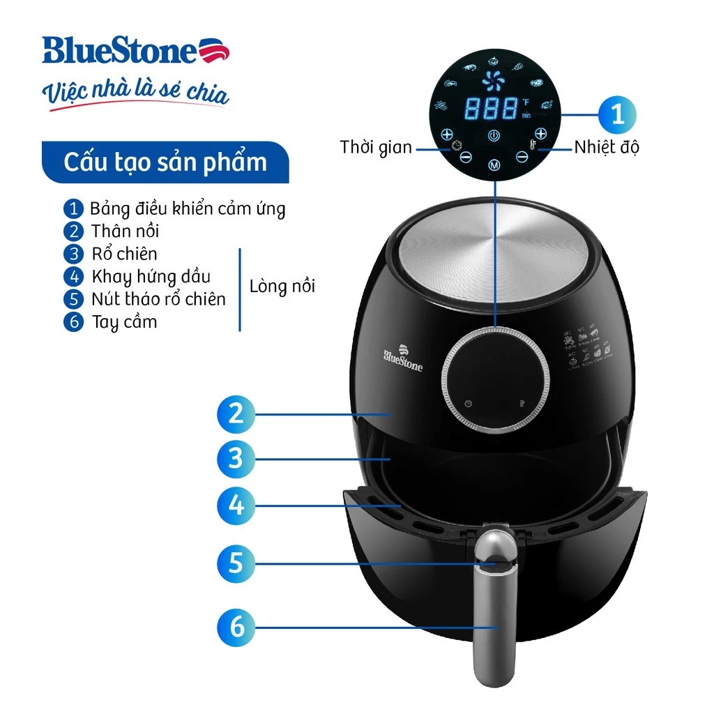 Nồi Chiên Không Dầu Bluestone AFB-5876, 1800w - 5.5 lít - Hàng Chính Hãng