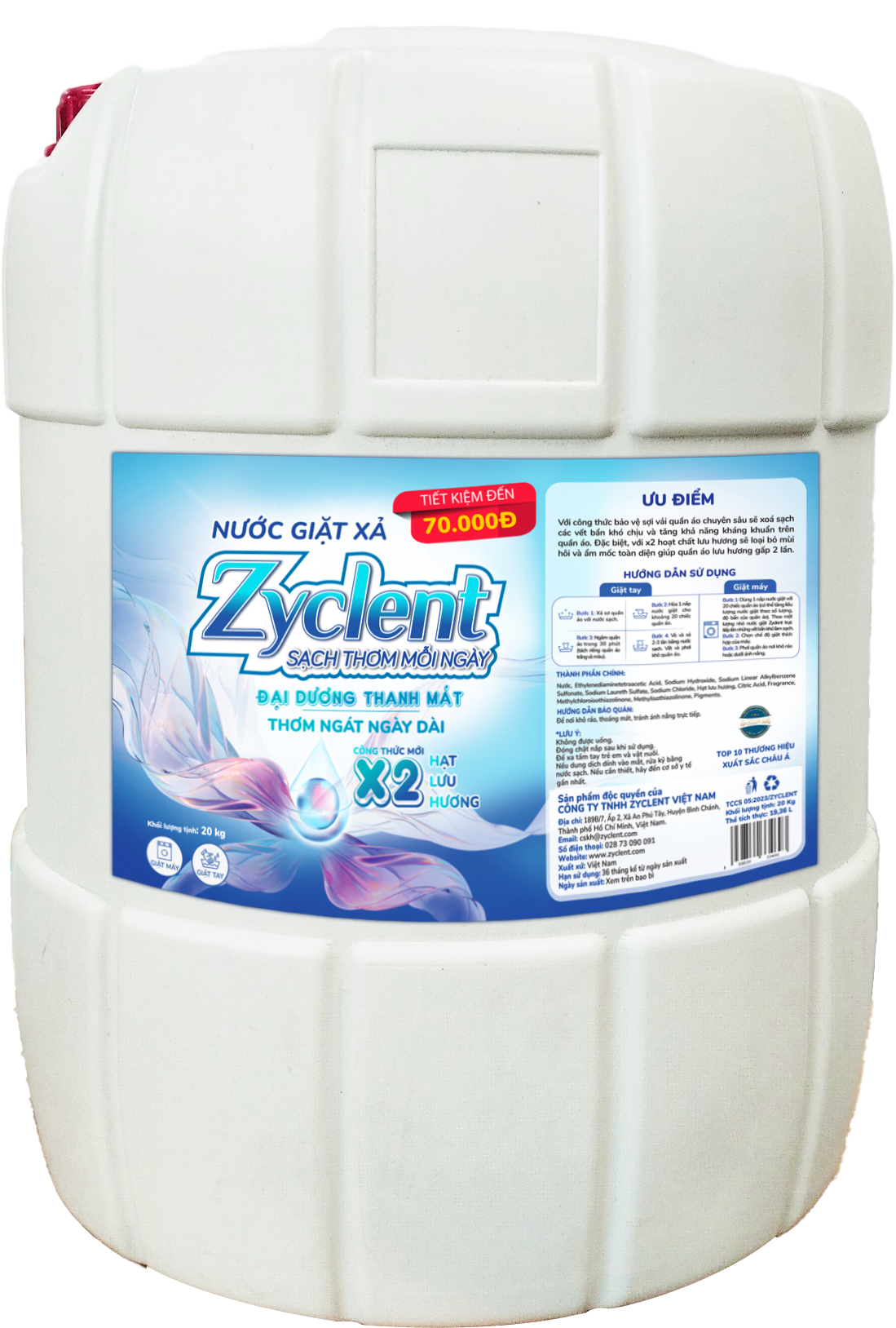 Nước Giặt Xả Zyclent Superior Hương Đại Dương Thanh Mát 20KG - SIÊU TIẾT KIỆM