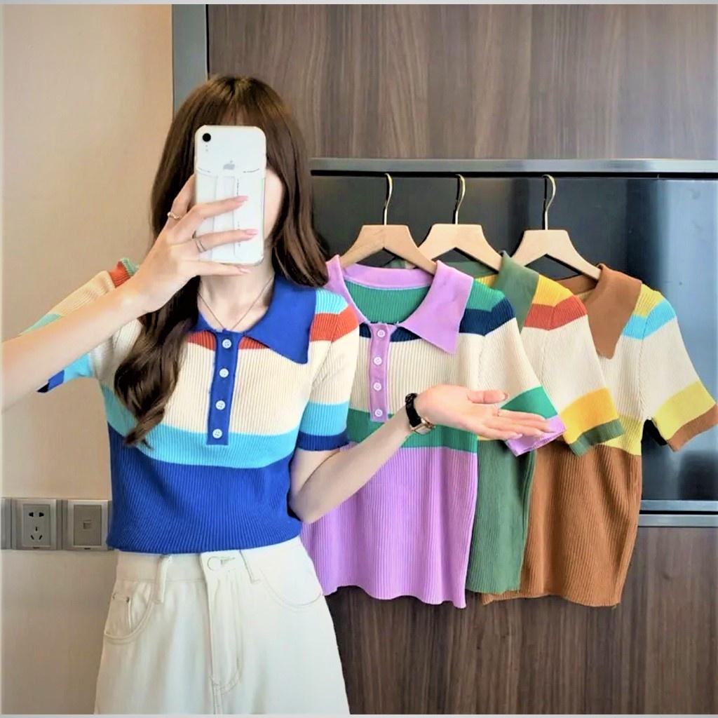 [L2M] Áo len Montoghi dệt kim HÀNG KHUY CỔ phối màu KEM phong cách đơn giản thanh lịch