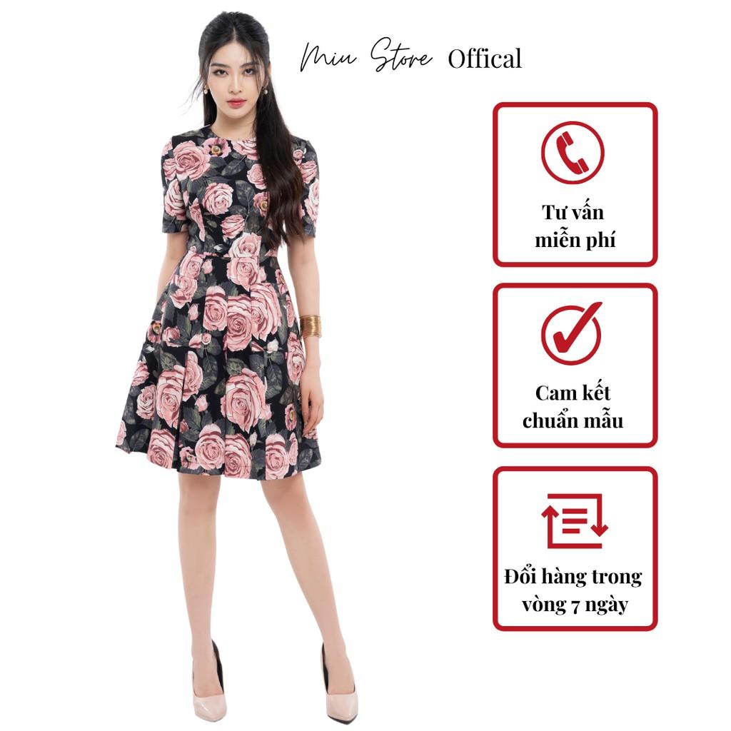 Đầm nữ thiết kế nhung tăm hoa dáng A cổ tròn cao cấp MIUSTORE D00261