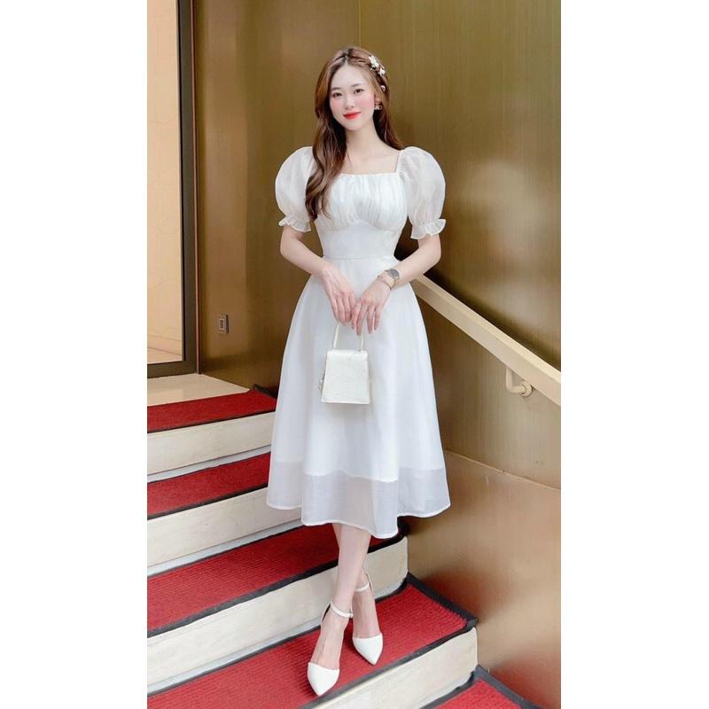 ĐẦM DỰ TIỆC TRẮNG TAY PHỒNG XẾP LY NGỰC PHONG CÁCH TIỂU THƯ NỮ TÍNH
